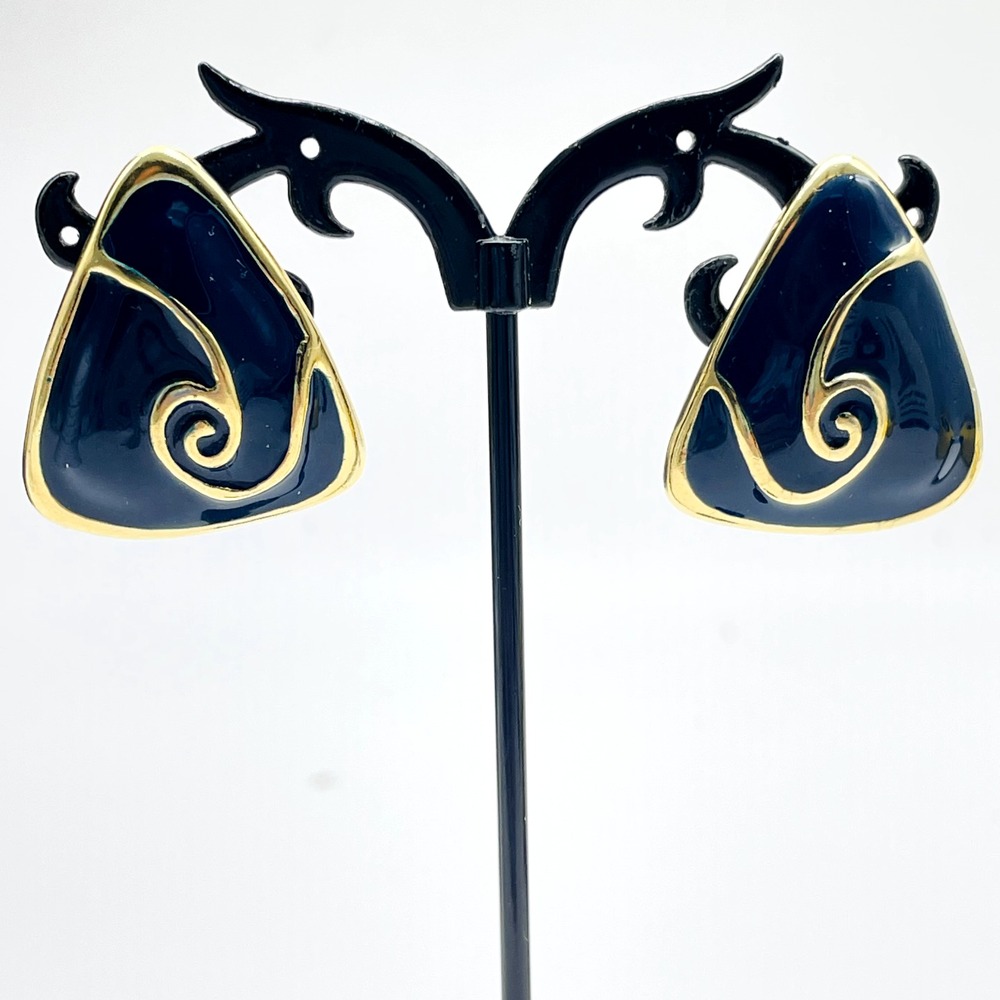 Navy Blue Clip On Earrings Enamel Triangle Swirl Gold Tone Geometric Vintage